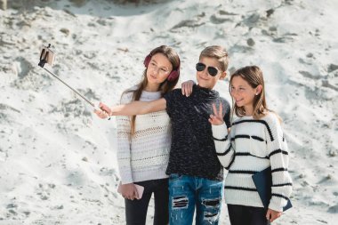 üç arkadaş bir doog grubu samoyed makind selphie bir plajda doğurmak
