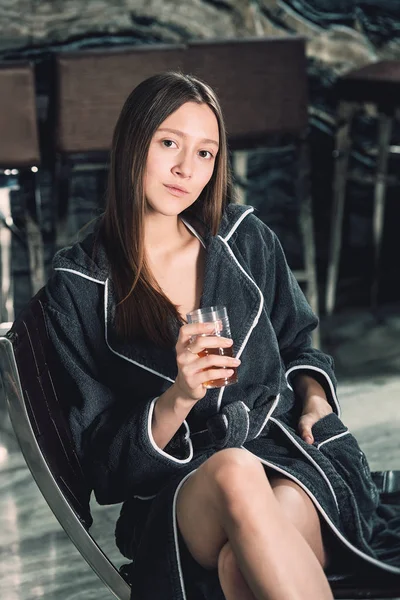 Portrait Young Beautiful Woman Relaxing Chair Bathrobe Detox Drink Hand — Stock Photo, Image