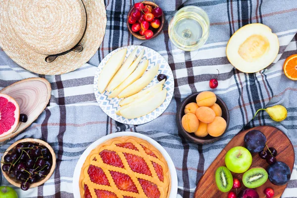 Latar Belakang Piknik Dengan Anggur Putih Dan Buah Buahan Musim — Stok Foto