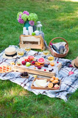 Beyaz şarap ve yaz meyve yeşil çimenlerin üzerinde piknik arka plan