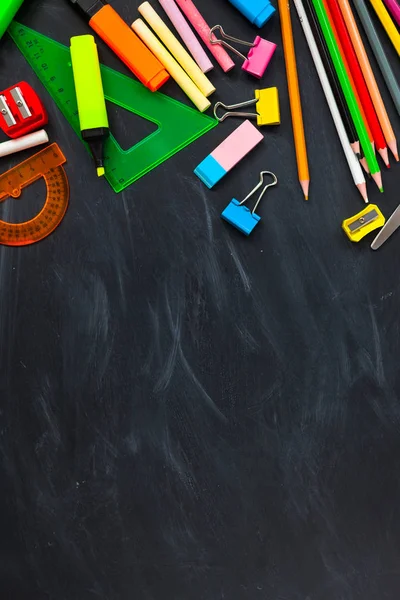 Back School Concept School Supplies Blackboard Background Accessories Schoolroom Pencils — Stock Photo, Image