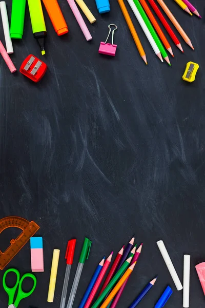 Back School Concept School Supplies Blackboard Background Accessories Schoolroom Pencils — Stock Photo, Image