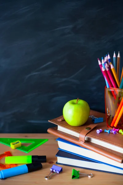 Back School Cocept Still Life School Books Pencils Apple Blackboard — Stock Photo, Image