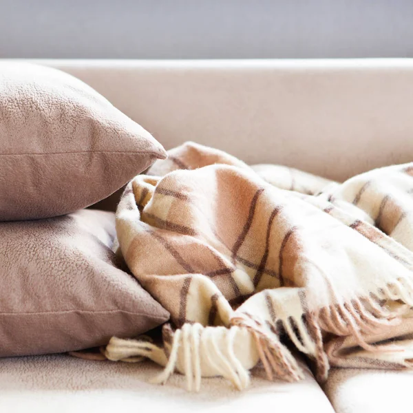 Cushions Plaid Beige Sofa Close Copy Space Sweet Home Cozy — Stock Photo, Image