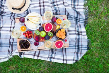 Beyaz şarap ve yaz meyve yeşil çimenlerin üzerinde piknik arka plan