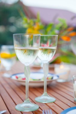 İki bardak beyaz şarap. Aile açık yemek bahçede yaz gün batımında. Piknik yiyecek ve içecek konsepti
