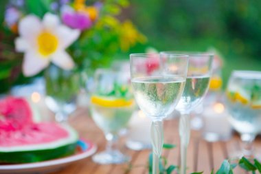 İki bardak beyaz şarap. Aile açık yemek bahçede yaz gün batımında. Piknik yiyecek ve içecek konsepti