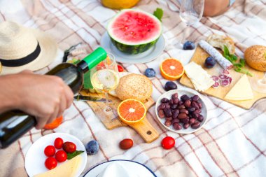 Yaz piknik sepeti İtalyan bahçede yeşil çimenlerin üzerinde. Yiyecek ve içecek konsepti. Arkadaşlar parti zamanı
