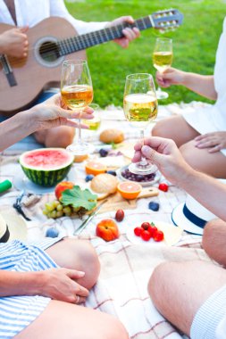 Yaz piknik sepeti İtalyan bahçede yeşil çimenlerin üzerinde. Yiyecek ve içecek konsepti. Arkadaşlar parti zamanı