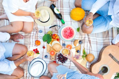 Yaz piknik sepeti İtalyan bahçede yeşil çimenlerin üzerinde. Yiyecek ve içecek konsepti. Arkadaşlar parti zamanı