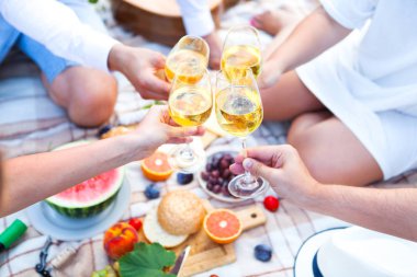 Yaz piknik sepeti İtalyan bahçede yeşil çimenlerin üzerinde. Yiyecek ve içecek konsepti. Arkadaşlar parti zamanı