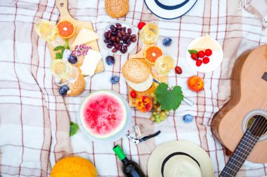 Yaz piknik sepeti İtalyan bahçede yeşil çimenlerin üzerinde. Yiyecek ve içecek konsepti. Arkadaşlar parti zamanı