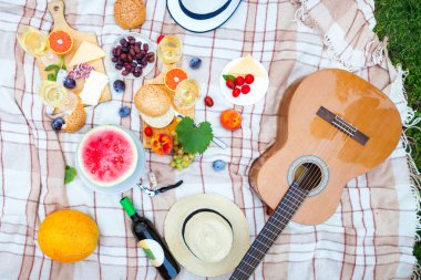 Yaz piknik sepeti İtalyan bahçede yeşil çimenlerin üzerinde. Yiyecek ve içecek konsepti. Arkadaşlar parti zamanı