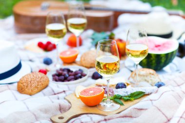 Yaz piknik sepeti İtalyan bahçede yeşil çimenlerin üzerinde. Yiyecek ve içecek konsepti. Arkadaşlar parti zamanı