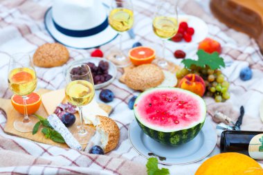 Yaz piknik sepeti İtalyan bahçede yeşil çimenlerin üzerinde. Yiyecek ve içecek konsepti. Arkadaşlar parti zamanı