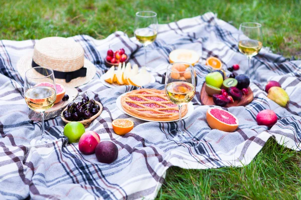 Beyaz şarap ve yaz meyve yeşil çimenlerin üzerinde piknik arka plan