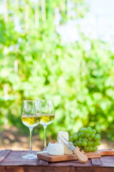 Two Glasses Wine Grapes Nuts Cheese Vineyard Dinner Lunch Romantic — Stock Photo, Image