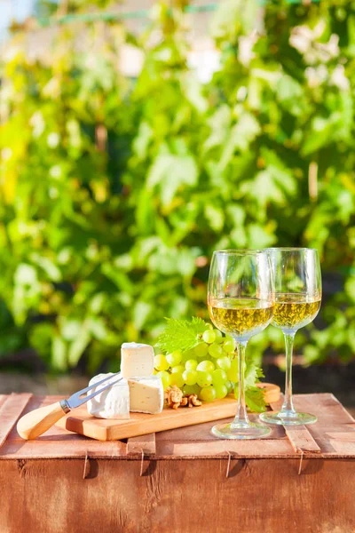 Two Glasses Wine Grapes Nuts Cheese Vineyard Dinner Lunch Romantic — Stock Photo, Image