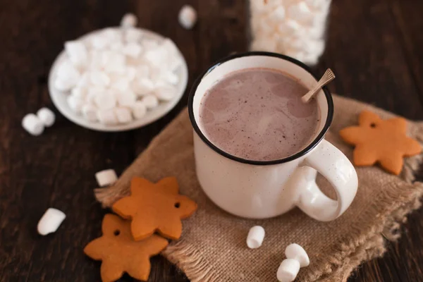 Taza Chocolate Caliente Cacao Con Galletas Navidad Malvavisco Sobre Fondo — Foto de Stock