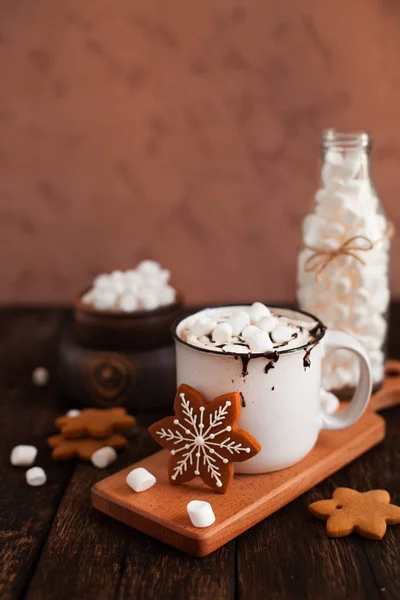 Mug Hot Chocolate Cocoa Christmas Cookies Marsmallow Dark Wooden Background — Stock Photo, Image