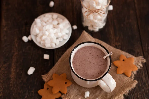 Taza Chocolate Caliente Cacao Con Galletas Navidad Malvavisco Sobre Fondo — Foto de Stock