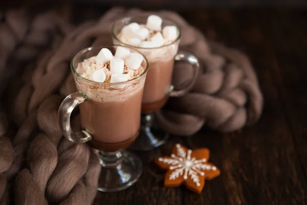 Zwei Gläser Mit Kakao Kaffee Mit Marshmallows Und Hausgemachten Keksen — Stockfoto