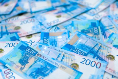 Para Rus banknot para birimi Rublesi arka plan. nominal değeri iki bin. Yeni bilet banka Rusya. Yakın çekim. Zengin kavramı