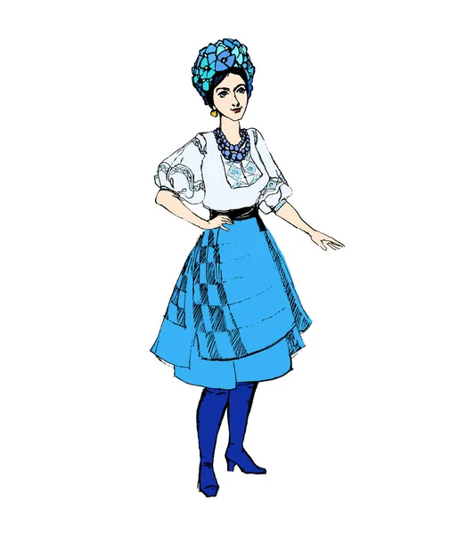 Дівчина в синьому традиційному вбранні, українка ізольована, ізольована на білому тлі. — стоковий вектор