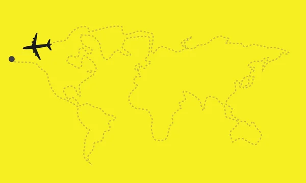 Mapa del mundo con trazas discontinuas y aviones volando por todo el mundo. Vector Concepto de viaje o entrega . — Vector de stock
