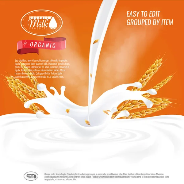 Layout modello di annuncio farina d'avena pronto, con latte versando spazio bianco . — Vettoriale Stock