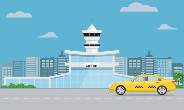 Будівля терміналу аеропорту та жовте таксі. Міський фон плоский і суцільний дизайн кольору . — стоковий вектор