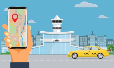 Havaalanı terminal binası ve sarı taksi el smartphone rezervasyon taksi tutarak. Kentsel arka düz ve düz renk tasarımı.
