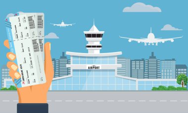 Havaalanı terminal binası. El tutma iki uçak bileti. Kentsel arka düz ve düz renk tasarımı.