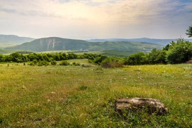 Uzak Dağları ile zemin üzerine yeşil çayır. Açık alan yeşil çim ile.