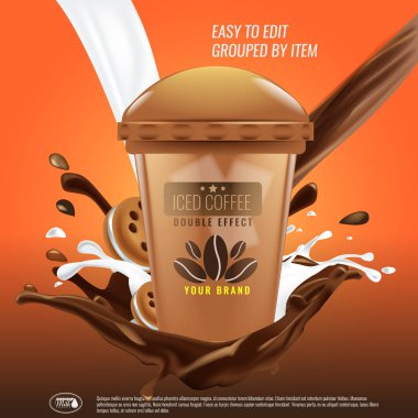Çikolata sıçrama ve düzen reklam çerezleri dökme ile buzlu kahve fincanı. Resimli vektör.