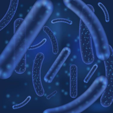 Vektör mikro bakteri veya virüs organizmalar. Mikroskobik lactobacillus veya acidophilus organizma bokeh bulanıklık ile arka plan öğeleri defocused.