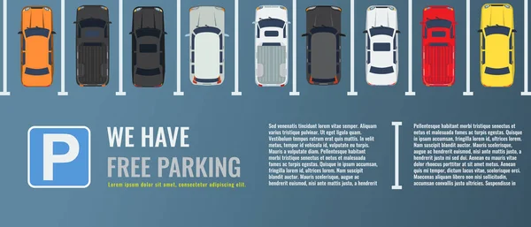 城市停车场与一组不同的汽车顶部的看法。公共停车场。用于 web 或海报横幅的矢量平面插图. — 图库矢量图片