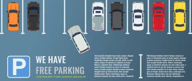 Şehir Park yerinde bir grup farklı araçların görünümü top. Kamu otopark. Vektör düz Gösterim amacıyla web veya poster afiş.