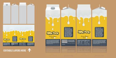 Vektör marka paket tasarımı. Sütlü çikolata paketi kutusu tasarım şablonu. Süt içmeye hazır paket tasarımı.