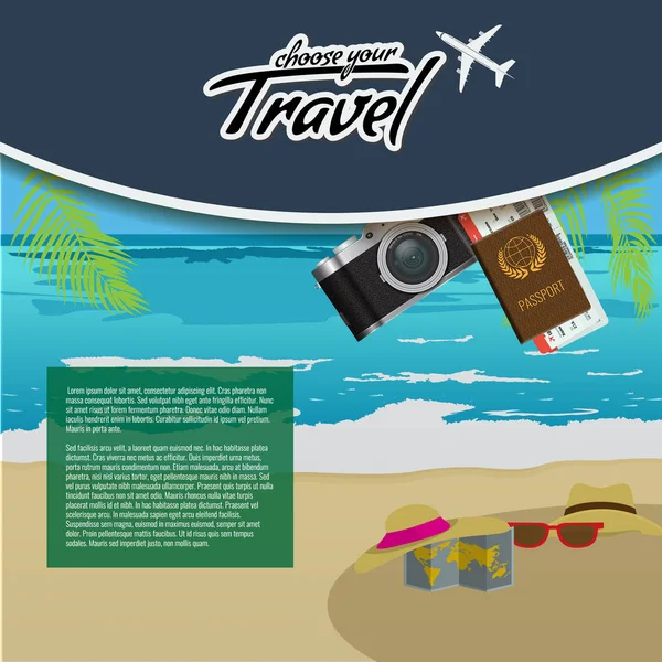 3D Réaliste Voyage et Tour créatif Poster Design avec avion réaliste, parasol, passeport et billets d'avion avec feuille de palmier . — Image vectorielle