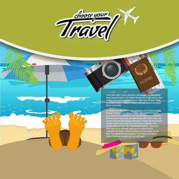 3D Réaliste Voyage et Tour créatif Poster Design avec avion réaliste, parasol, passeport et billets d'avion avec feuille de palmier . — Image vectorielle