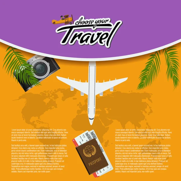 Vector 3D Réaliste Voyage et Tour créatif Poster Design avec avion réaliste, carte du monde, passeport et billets d'avion avec feuille de palmier . — Image vectorielle