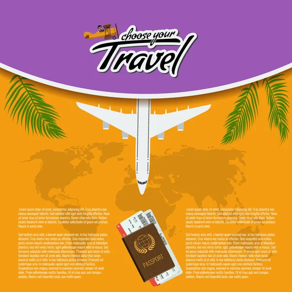 Vector 3D Réaliste Voyage et Tour créatif Poster Design avec avion réaliste, carte du monde, passeport et billets d'avion avec feuille de palmier . — Image vectorielle