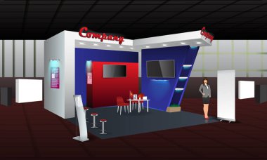 Sergi stand bilgi panosu ile ekran tasarımı, rulo. Vektör ticaret booth şablon görüntü Mock-up ve kurumsal kimlik elemanları. Yaratıcı eşsiz modeli.