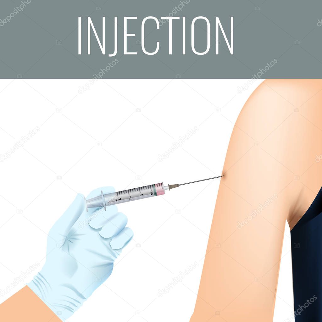 Doctors hand injects the vaccine into the patients shoulder. 3d High detailed Template for healthcare, hospital and medical treatment. Illustrated vector.