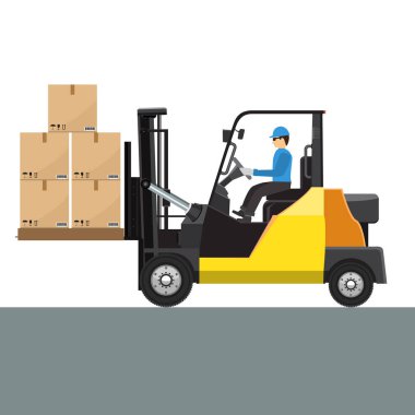 Vektör Forklift ile onun sürücü adam yan görünüm kadar alay et. Sağlam ve düz renk tasarımı.