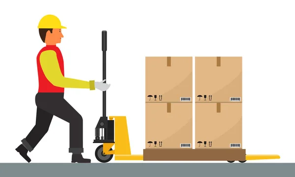 Vector Man está conduciendo Pallet Jack con carga. Color plano y sólido . — Vector de stock