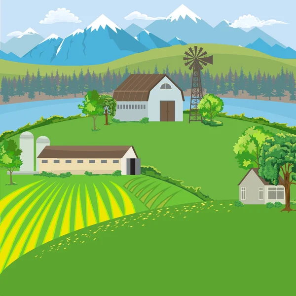 Paisaje de granja con casa de campo, molino de viento y fondo de montaña. vector de estilo de color plano . — Vector de stock