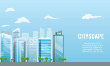 Vektör Cityscape farklı binalar - ofis merkezi ile. Reklam yerleşimi. Düz ve katı renk stili.