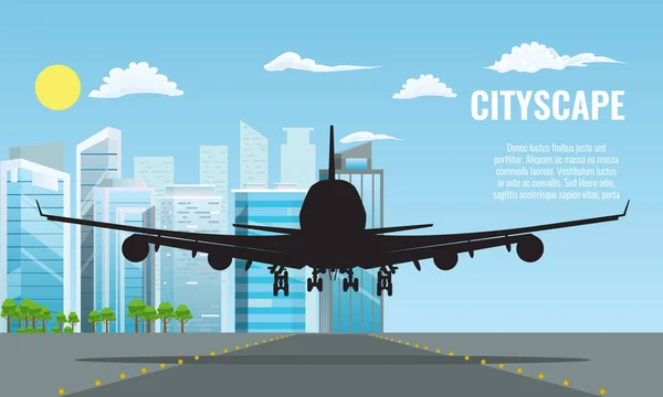 Açılış veya üzerinde modern cityscape kalktıktan uçak silueti. Düz ve katı renk seyahat kavramı arka plan vektör. — Stok Vektör